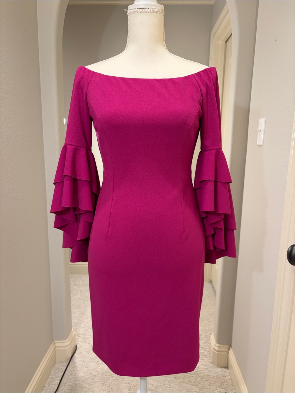 Gorgeous ANTONIO MELANI Magenta Off-Shoulder Ruffle Sleeve Sheath Dress